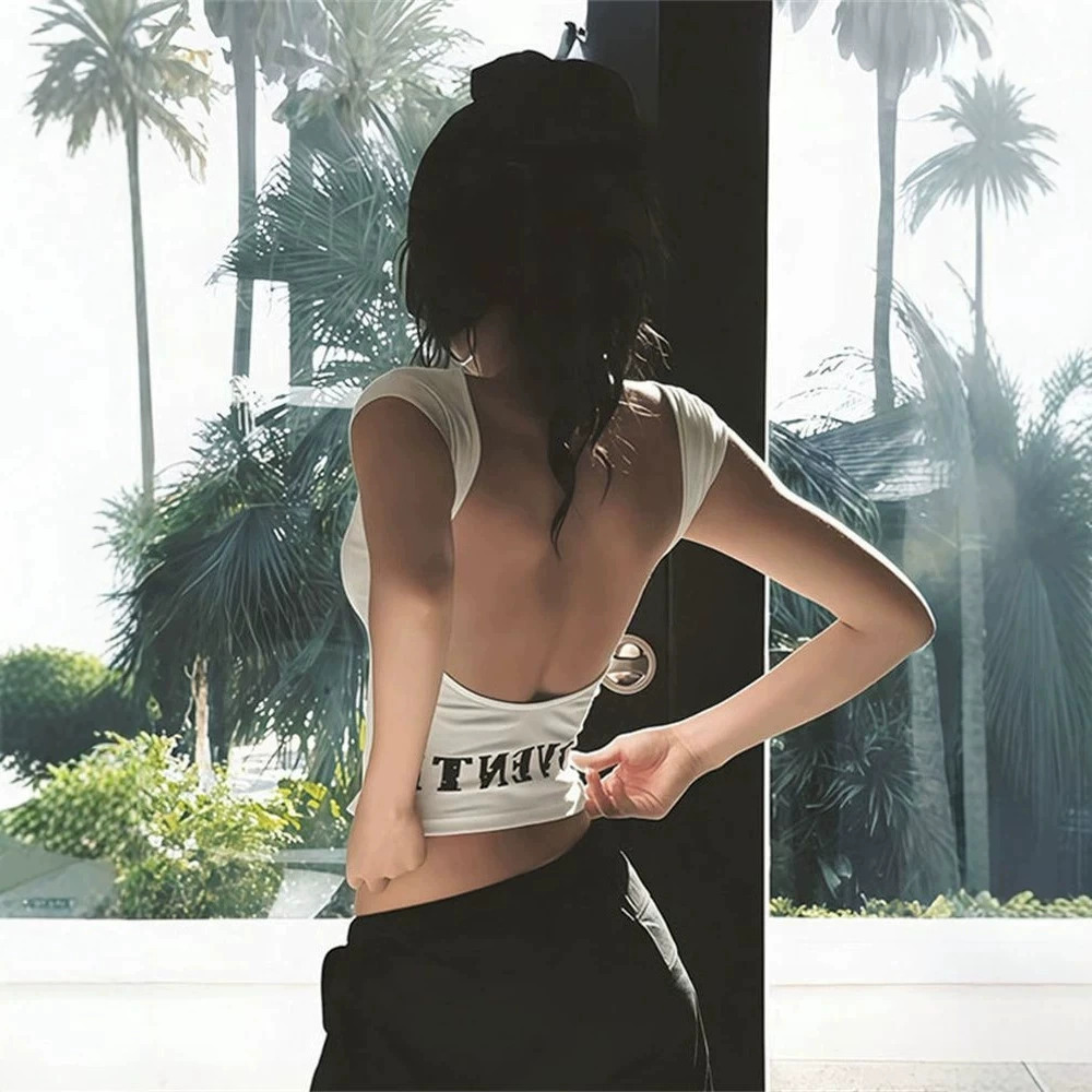 Zara White Backless Letter Print Tight Crop Top Short Sleeve Tee